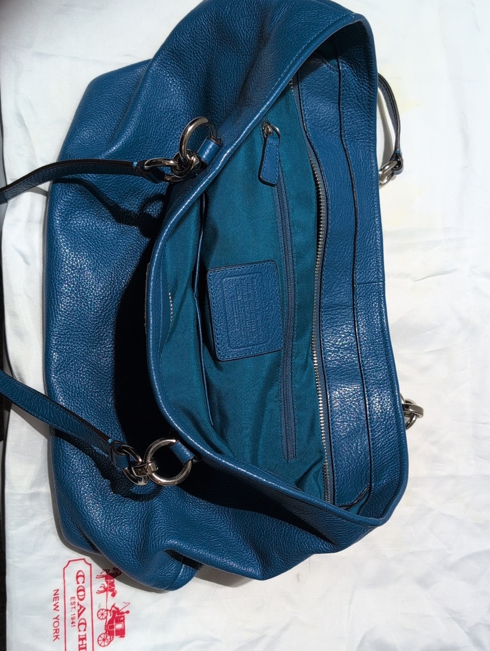 Coach Teal Blue Pebbled Leather Tote with Silver Hardware - Picture 5 of 7
